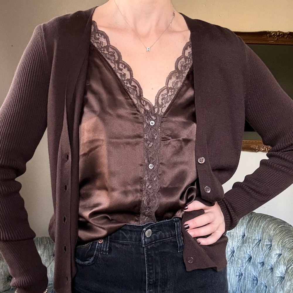 Brown Cardigan Twin Set Y2K 100% Silk Tank V Neck Lace 2-in-1 Medium Preppy
